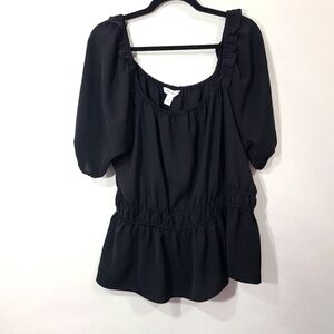 Nine‎ West Women's XL Black Blouse Shirt Top Off Shoulder Short Balloon Sleeve